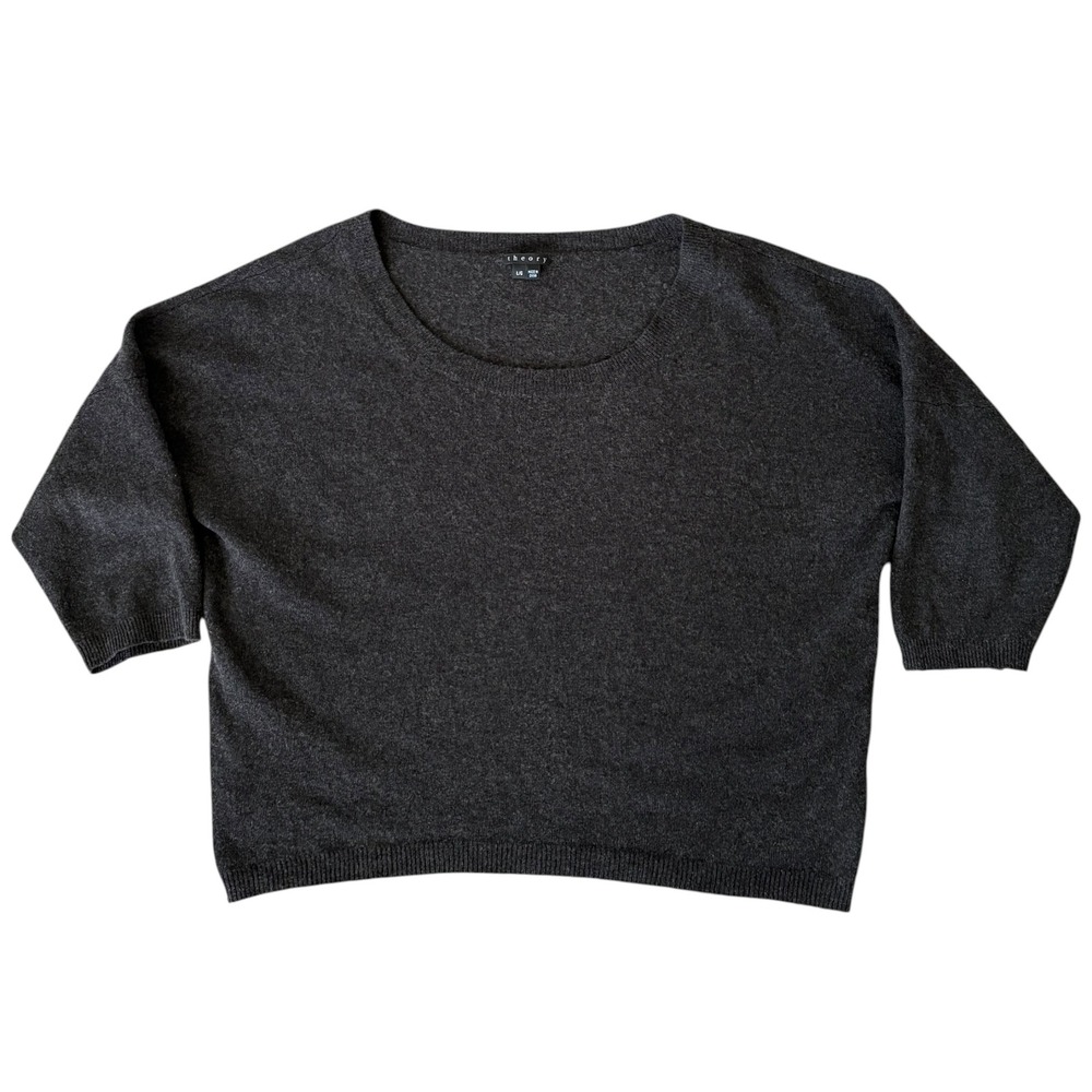 Theory Araceli Cashmere Sweater Gray Scoop Neck 3/4 Sleeve Boxy Knit L Quite Lux